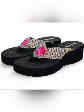 Bling Rhinestone Flip Flops Pink Gem Chunky Platform Sandals Size 9/10